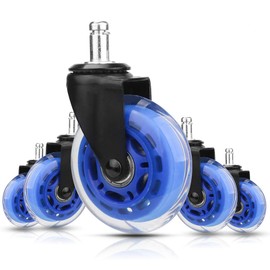 8T8 Replacement Office Chair Caster Wheels 3", Heavy Duty, Set of 5, Soft PU Rubber Casters, Safe for Hardwood Carpet Floors (Blue Transparent)