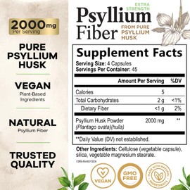 Psyllium Husk Capsules 1500 mg - Natural Fiber Supplement Pills, Daily Digestion, Colon Health, & Regularity Support, Plant Based Psyllium Husks Powder Caps, Vegan, Non-GMO - 180 Veggie Capsules