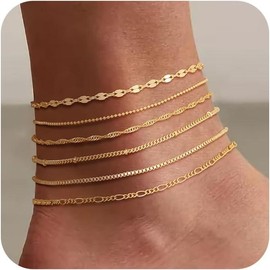 TEWIKY Waterproof Ankle 6PCS Bracelets Thiny Herringbone Box Paperclip Figaro Cuban Link Anklet Set Dainty Jewelry for Women Cute Summer Beach Jewelry For Mother's Day Gift:_6pcs set-B
