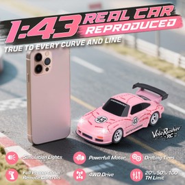 VoleRusher RC [2025 New Upgrade 1/43 Scale Mini RC Drift Car with Gyroscope, Toys for Age 8-14 Old Birthday Gifts Micro Small with Full Proportional RTR 2.4GHz Remote 2 Tire Sets 8 Cones - Pink