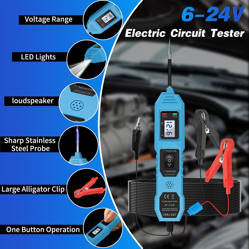 Power Circuit Probe Tester, 6V/12V/24V DC Circuit Tester Automotive, Multifunctional