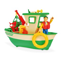 Simba Fireman Sam Charlie’s Fishing Boat with Charlie Figure, Moving Crane and Mechanical Winch, Floats on the Water, 19 cm for Ages 3 and Up