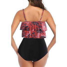 Trajes de baño tankini para mujer, con volantes y control de barriga, diseño floral, de cintura alta, bikini de dos piezas, Rojo (Red Floral), L