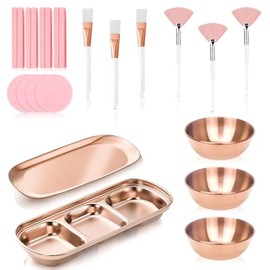 DLUGOPIS Set de 23 Piezas de Suministros de Estética en Oro Rosa: 3 Tazones de Acero Inoxidable para Mezclar Mascarillas Faciales, 3 Brochas de Abanic