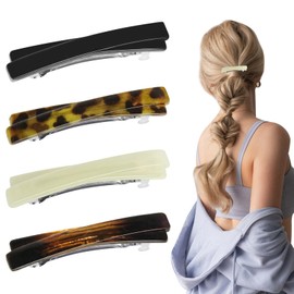4 Pcs French Barrette Hair Clips for Women Goody Barrettes Small Tortoise Shell Curved Glossy Thin Fine Flat Hair Accessories Black White Leopard Color Amber 2.56 Inch Hold Grip Styling Girls