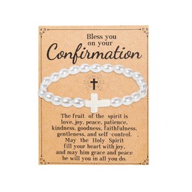 First Communion/Confirmation Gifts for Women,Inspirational Religious Christian Cross Charm Bead Bracelets for Women Men Graduation Birthday Christmas Valentines Easter Baptism Gifts-Pearl B