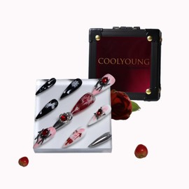 COOLYOUNG Anime Press On Nails, Red And Black Press On Nails, Forgotten, Nail Press Ons, 10 Pieces Girls Press On Nails with 1 Gift Box, 1 Storage Bag and Gel Nail Kit