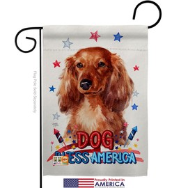 Breeze Decor Patriotic Long Hair Dachshund Garden Flag Set with Stand Animals Dog Puppy Spoiled Paw Canine Fur Pet Nature Farm Animal Creature Small Gift Yard House Banner Made in USA 13 X 18.5