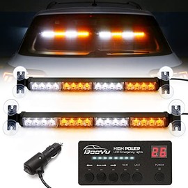 BooYu 2 in 1 Traffic Advisor Light Bar w/ Digital Display Controller Windshield LED Emergency Strobe Visor Safety Warning Hazard Flashing Lights for Firefighter Police Trucks Vehicles (Amber/White)