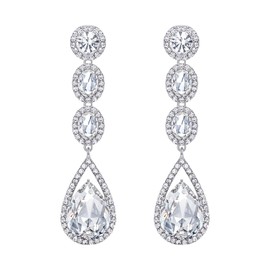 Flyonce Bridal Earrings for Wedding Women's Fashion Rhinestone Crystal Long Teardrop Dangle Pierced Drop Earrings Clear Silver-Tone