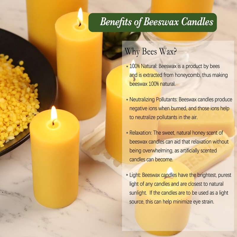 Natural Beeswax Candles Set of 6, Handmade Beeswax Pillar Candles