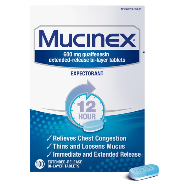Chest Congestion, Mucinex 12 Hour Extended Release Tablets, 600 mg Guaifenesin with extended relief of chest congestion caused by excess mucus, thins and loosens mucus, 100 Count