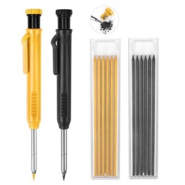 2 Pack Carpenter Pencils Mechanical Pencils with 12 Refills, Construction Pencils with Built-in Sharpener, Long Nib Deep Hole Pencil Marker, Heavy Duty Woodworking Pencils for Architect - Color: Black, Yellow