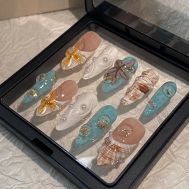 MAGLFELL Press On Nails - Handmade 3D False Nails Short Square 10 Pcs ReusableABS Material Finger Painting Nail Tip French Salon Design Artificial Fingernail for Women