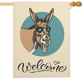 Mugod Funny Donkey House Flags for Outdoor Decoration, Donkey With Sunglasses Happy Wildlife Large Yard Flag Burlap Banner 28 x 40 Double Sided Seasonal Flag Outside