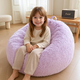 XeGe Kids Fluffy Faux Fur Bean Bag Chair Cover (No Filler), Soft Furry Stuffed Animal Storage Bean Bag Cover Light Purple, Shaggy Fuzzy Beanbag for Kids Teens Girls Children, Anti-Slip, Lavender