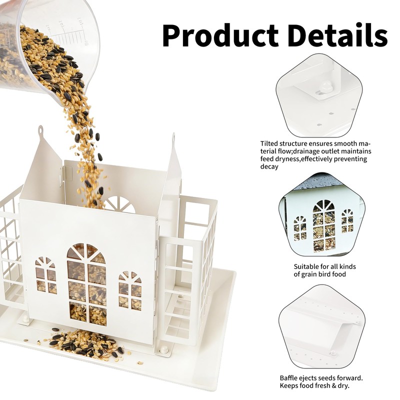 Solar Bird Feeder House for Outdoors, Metal Large Capacity 3-Compartment