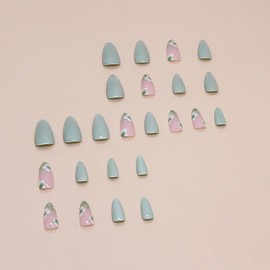 Resweky Long Almond False Nails Pink Green Flower False French Nails Shiny Print Acrylic Nail Cover For Women Girls