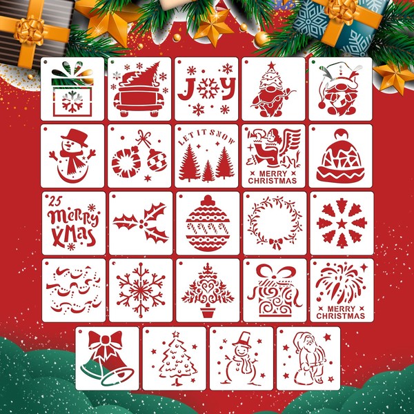 AIEX 24pcs 3x3 Inch Christmas Painting Template Christmas Stencils Reusable