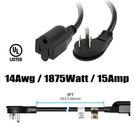 FIRMERST 1875W 3 Feet Extension Cord Low Profile Flat Plug 14Awg 15A Black