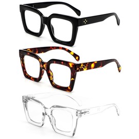 REAVEE 3 Pack Oprah Style Oversized Reading Glasses for Women Men, Blue Light Blocking Computer Thick Frame stylish Square Readers with Spring Hinge((Black/Tortoise/Clear, 3.0)