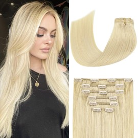 Clip in Hair Extensions 70G Platinum Blonde 100% Remy Human Hair Extensions 7A Soft Silky Straight 7pcs 16clips for Women(22 Inch #60)