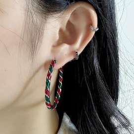 Colorful Candy Hoop Earrings for Women Girls Gold Tone Big Twisted Diagonal Striped Xmas Statement Dangle Drop Huggie Open Hoops Earring Fashion Fun Festival Ornament Jewelry Gifts (Red Green)
