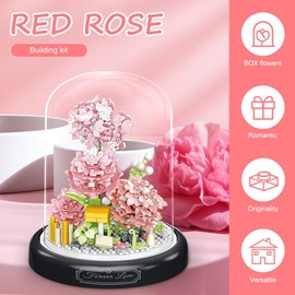 Fiotha Flower Building Blocks Set, Flowers Pink Carnation Clamping Blocks, Micro Flower Building Blocks, with Dustproof Dome and Base, Building Blocks Flowers, Gifts for Friends and Family (624