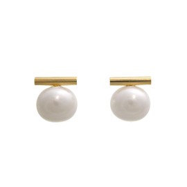 VingTAINE P5222 Pierced Earrings, Metal Bar, Pearl, Chubby, Simple, Volume, Accessory, Gift, Present, Brass