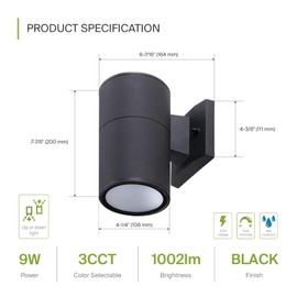 ASD 1 Light LED Indoor & Outdoor Wall Light Fixture | 9W 1000LM 3000K-5000K 120V Cylinder Up Down Lights | Dimmable Waterproof Exterior Wall Sconce | Front Door, Porch, Patio | Black, ETL 2 Pack