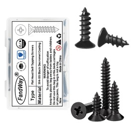 FandWay M3 x 10 mm Flat Head Sheet Metal Screws, Countersunk Head Self-Tapping Screws Phillips Stainless Steel A2 V2A Black Oxide Wood Screws, Self-Drilling Screws Fully Threaded (Pack of 100)