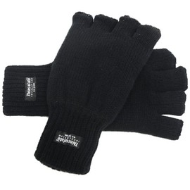 Men's Extra Warm Winter Fingerless Gloves 40g Thinsulate Lining Black L/XL
