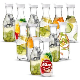 Party Bargains 50 oz. Plastic Carafe with Lids - Clear, 12 Count, White Flip Tab Lid Premium Quality & Heavy Duty Plastic Pitcher for Iced Tea, Powdered Juice, Cold Brew, Mimosa Bar
