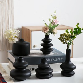 Tenforie Black Ceramic Bud Vase, Small Vase Set of 5, Mini Vases in Bulk for Flower, Decorative Vase for Home Decor, Boho Vases for Wedding Decorations Living Room Dining Table Shelves Decor