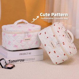 Cute Cosmetic Bag for Girls, Prite Large Quilted Makeup Bag for Women, Cherry Makeup bag, Cotton Make Up Organizer Case, Travel Toiletry Bags for Toiletries Accessories Brushes