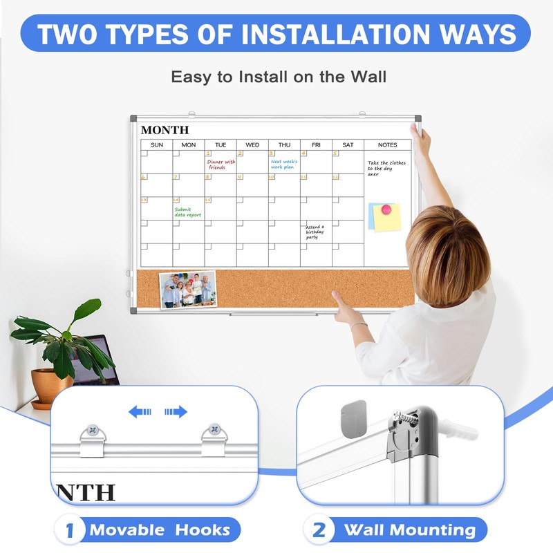 Monthly Calendar Whiteboard Dry Erase Cork Board Combo for Wall,