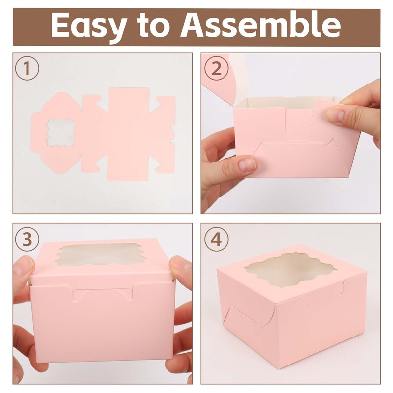 OUGEBOX 50 Pcs 4x4x2.5 Inch Bakery Boxes with Window, Pink
