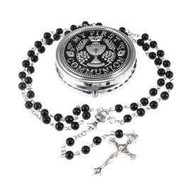 OEMOO Saint Michael the Archangel Hematite Black Stone Beads Catholic Rosary Necklace with Metal Gift Box for Men in Metal Gift Box