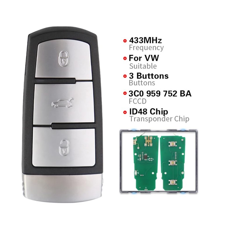 3C0959752BA 3BT Keyless Uncut Smart Remote Key Fob 433MHZ ID48