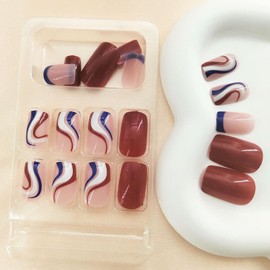 4th of July Nails Medium Press on Nails Square Fake Nails Red Blue White Swirl Designs Red Full Cover Glue on Nails Blue French Tips Independence Day False Nails Press ons for Women Girls 24 Pcs