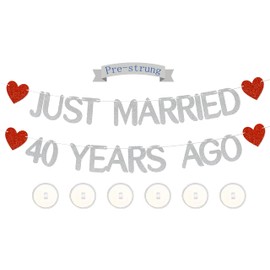 Just Married 40 Years Ago Glitter Banner,With adhesive hooks-NO DIY,40th Wedding Anniversary Party Decorations, We Still Do 40th Decor, 40 Years Blessed & Loved Decorations Supplies Silver&Red Glitter