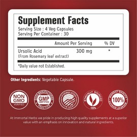 Immortal Herbs Pure Ursolic Acid Supplement 300mg, 120 Pills, Rosemary Leaf Extract Powder, Non-GMO and Gluten-Free Ursolic Acid Capsules for Women and Men