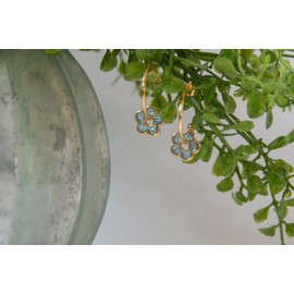 Blue Sparkle Daisy Flower Charm Hoop Earrings with Gold Brass Hoops and Stainless Steel Posts - Cute Floral Jewelry for Women and Teens