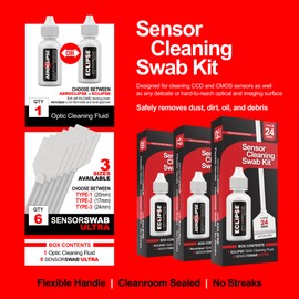 Sensor Cleaning Swab Kit - Aeroclipse Non-Flammable Optic Cleaning Solution (0.5oz/15ml) + Type-3 Sensor Swab Ultra 24mm (Pack of 6) - for Full Frame CMOS and CCD Sensors - Dust & Oil Remover