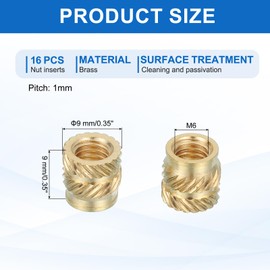MECCANIXITY 16 Pcs Threaded Inserts, M6 Brass Heat Set Insert for 3D Printing and Plastic Material Female Knurled Insert Nuts for Laptops Electronic Products, M6x9x9mm