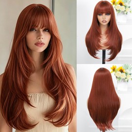 MINSEEYOO Auburn Wig with Bangs for Women Long Layered Wigs 26 Inch Auburn Wigs Natural Looking Heat Resistant Synthetic Wig for Daily Party Use