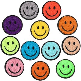 12 Pcs Smile Face Patch Iron On Patches Happy Face Chenille Patches for Clothes Dress Jackets Smile Patches for Hats Cute Embroidery DIY Project Craft Applique, 2.2 Inch(Towel Cloth Style)