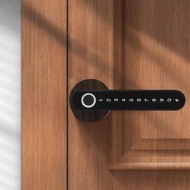 Fingerprint Handle Door Lock eLinkSmart Wood Grain Metal Smart Door Lock Levers Keyless Entry Door Knob for Bedroom Door Wood Colour eSmartLock App Phone & iOS Watch