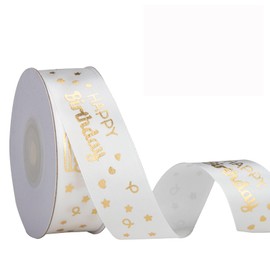 IHKFILAN Satin Ribbon for Gift Wrapping, 1 Inch 25 Yards Happy Birthday Ribbon, Polyester Ribbon with Gold Letters for Invitations Bouquets Birthday Parties Weddings DIY Bows (Off White, Happy Birthday)