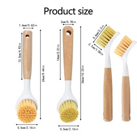 Dish Brush with Bamboo Handle, 4 Pieces Scrubbing Brush, Kitchen Brush with Handle, Dish Brushes for Dishes, Pots, Pans, Kitchen Sink Cleaning, Bathroom Brushes